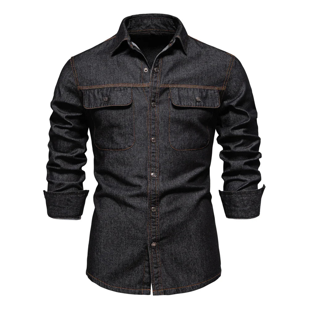 AIOPESON Brand New Mens 100% Cotton Denim Shirts Double Pocket Casual Cowboy Mens Shirts Long Sleeve Autumn Jeans Shirts for Men