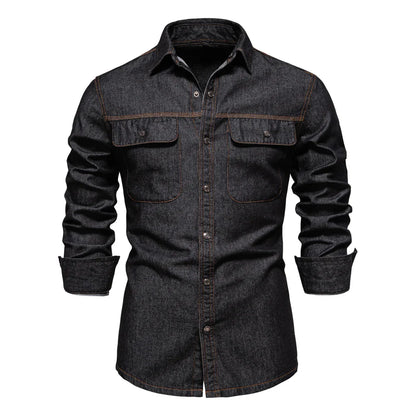AIOPESON Brand New Mens 100% Cotton Denim Shirts Double Pocket Casual Cowboy Mens Shirts Long Sleeve Autumn Jeans Shirts for Men