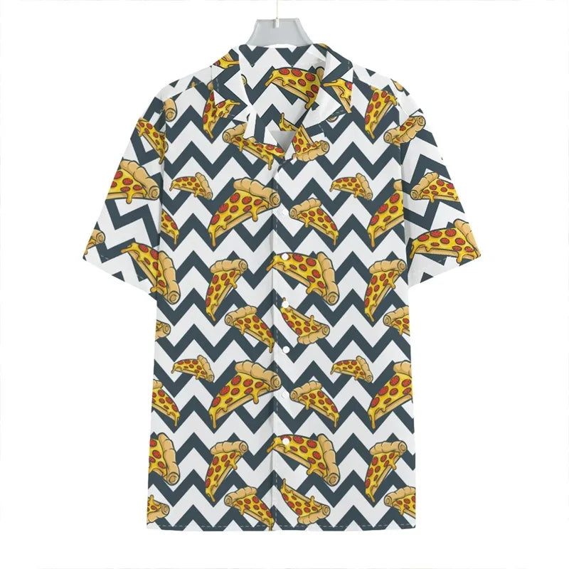 3D Print Pepperoni Pizza Graphic Aloha Shirts For Men Short Sleeve Oversized Beach Hawaii Shirts Mens Button Up Tee Shirt Tops