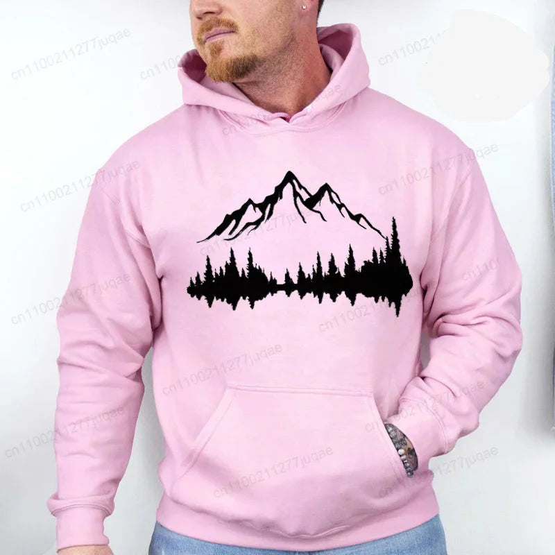 Sporty Streetwear Mountains Graphic Pullover Hoodie