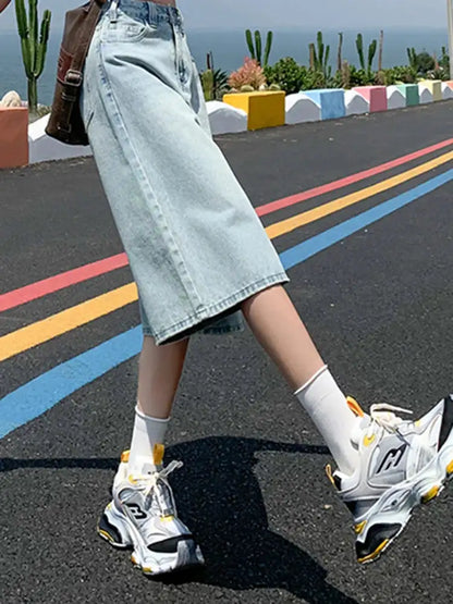 Female Summer American Vintage Baggy Denim Cropped Pants Woman High Waist Washed Wide Leg Jeans Light Blue Loose A Line Shorts