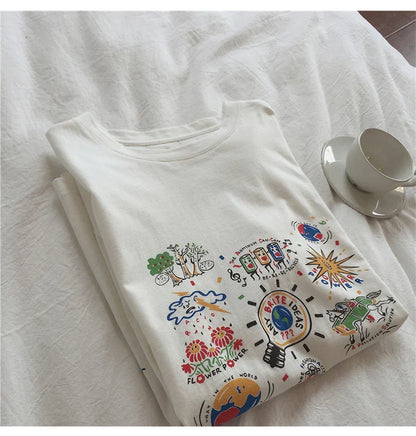 Loose Summer Cartoon Graphic Cotton Shirt