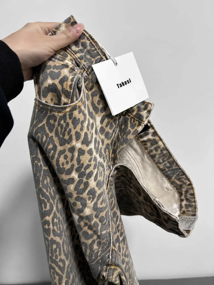 American Retro Leopard High Waist Baggy Jeans Women's Casual Pockets Hip-hop Pants 2024 Spring Y2K Oversiz Panther Denim Trouser