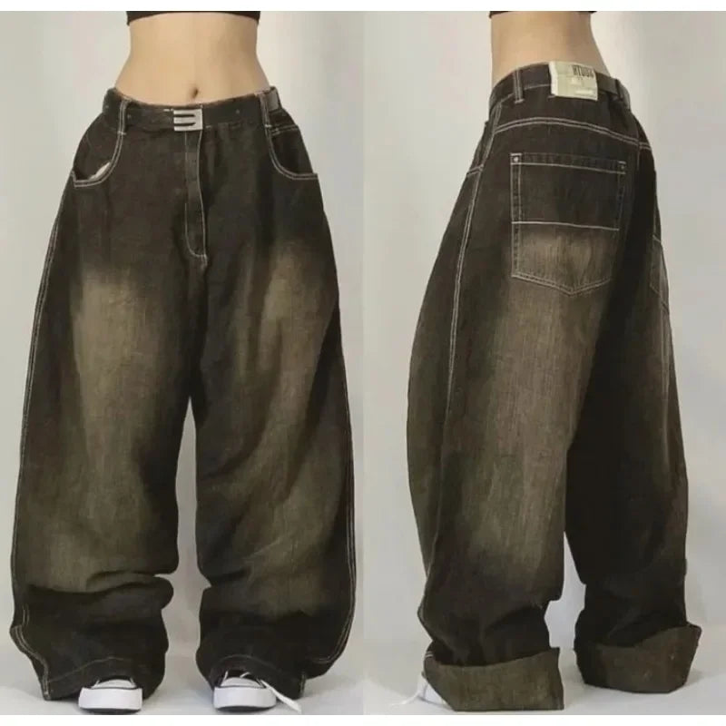2023 New American Harajuku retro skull print straight high waist Y2K women's washed grey jeans Streetwear Gothic wide trousers