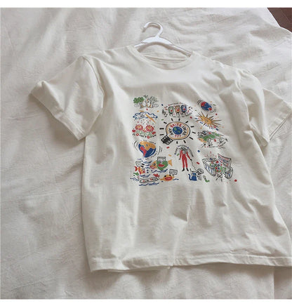 Loose Summer Cartoon Graphic Cotton Shirt