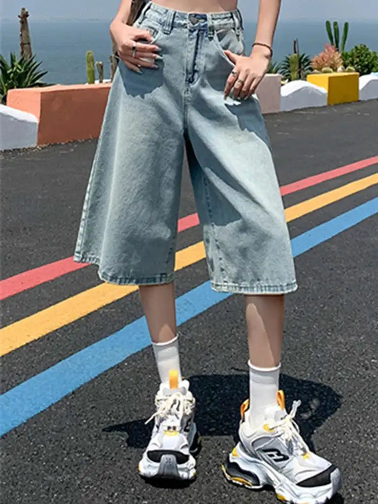 Female Summer American Vintage Baggy Denim Cropped Pants Woman High Waist Washed Wide Leg Jeans Light Blue Loose A Line Shorts