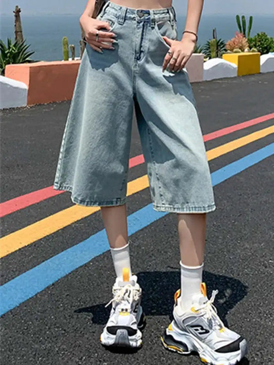 Female Summer American Vintage Baggy Denim Cropped Pants Woman High Waist Washed Wide Leg Jeans Light Blue Loose A Line Shorts