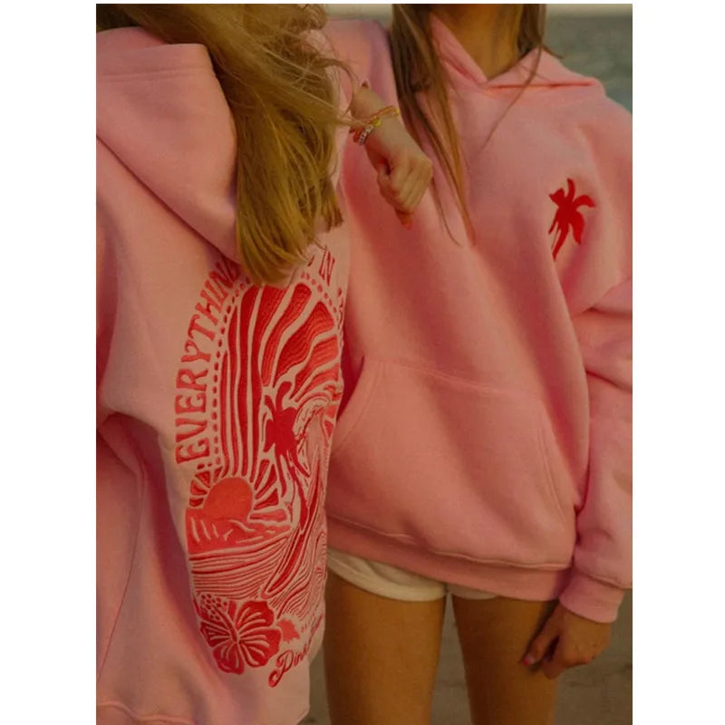 Embroidered Long Sleeve Hoodie with Kangaroo Pocket Pullover