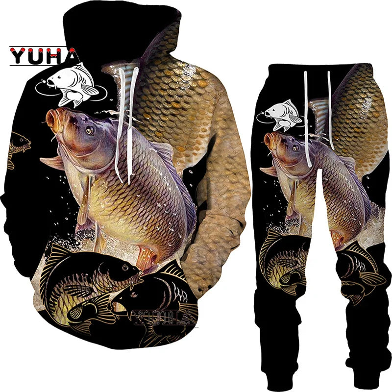 New 3D Fishing Art Print Casual Couple Hoodies Outfits Hip Hop Streetwear Hooded Sweatshirt+Sweat Pants Men's Tracksuit Set