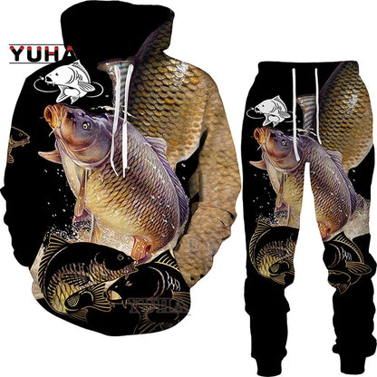 New 3D Fishing Art Print Casual Couple Hoodies Outfits Hip Hop Streetwear Hooded Sweatshirt+Sweat Pants Men's Tracksuit Set