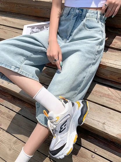 Female Summer American Vintage Baggy Denim Cropped Pants Woman High Waist Washed Wide Leg Jeans Light Blue Loose A Line Shorts