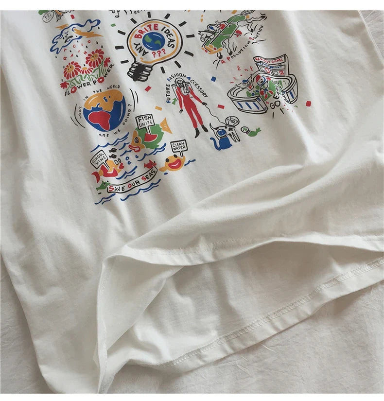 Loose Summer Cartoon Graphic Cotton Shirt