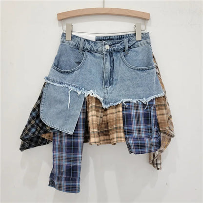 Patchwork Plaid Skirts Denim Short High Waist Wrapped