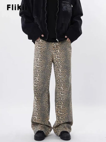 Y2k Vintage Leopard Print Loose Women Jeans Autumn New Classic Straight High Waist Slim Casual Fashion Female Jeans 2024 New