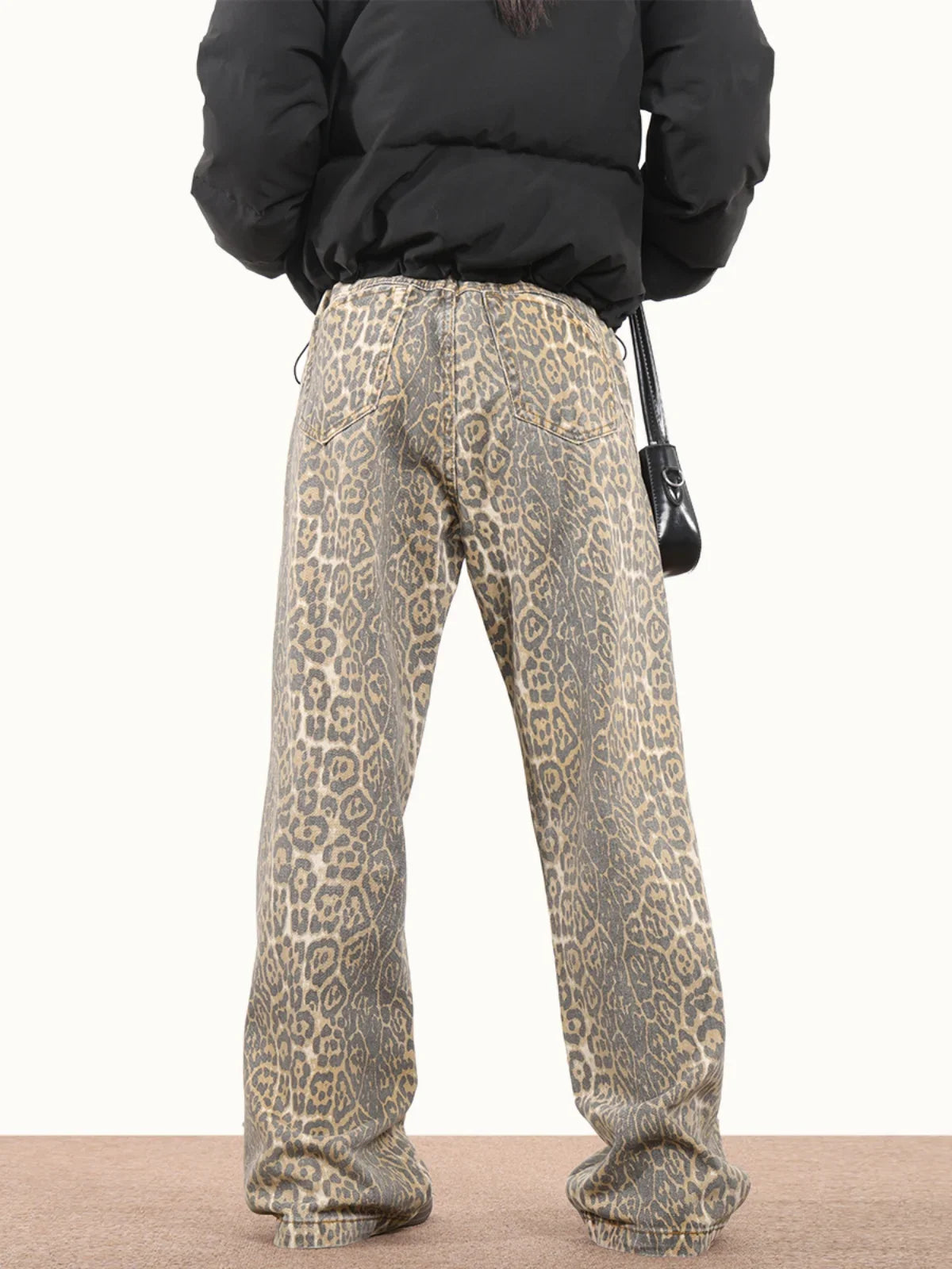 American Style Leopard Wash Jeans Women Y2K Retro Street Hot Girl Loose Casual Pants High Waist Straight Leg Jeans