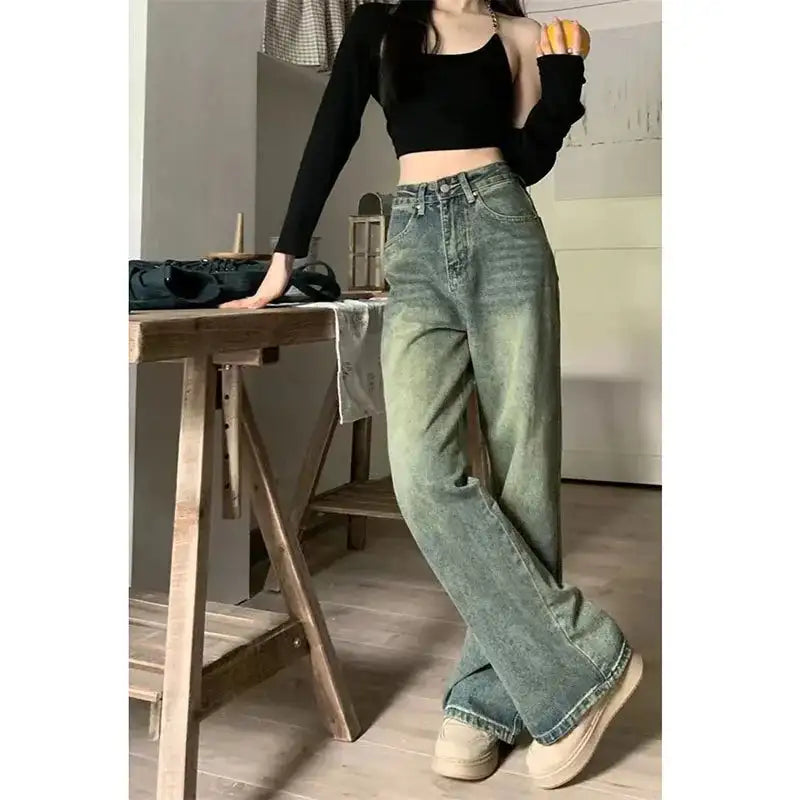 XPQBB Vintage Wide Leg Jeans for Women Streetwear High Waist Loose Straight Denim Pants Female 2024 Spring Wild Casual Trousers