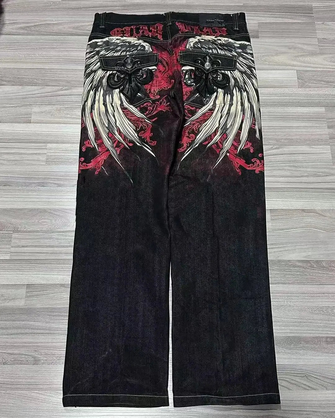 2023 New American Harajuku retro skull print straight high waist Y2K women's washed grey jeans Streetwear Gothic wide trousers