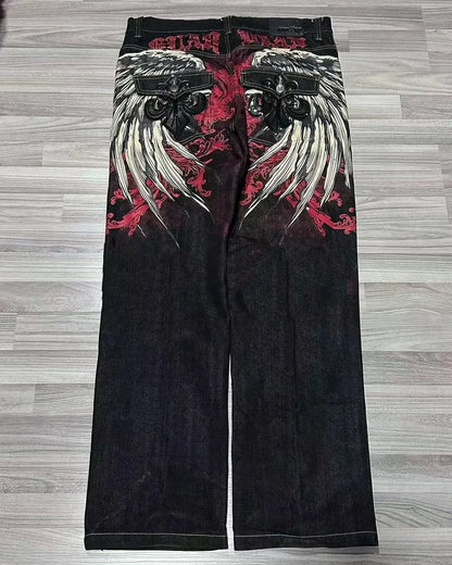 2023 New American Harajuku retro skull print straight high waist Y2K women's washed grey jeans Streetwear Gothic wide trousers