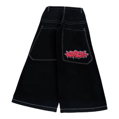 2023 New American Harajuku retro skull print straight high waist Y2K women's washed grey jeans Streetwear Gothic wide trousers