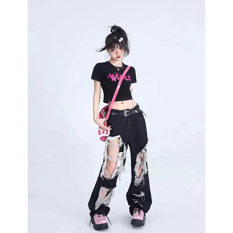 Women's Gothic Black Jeans High Waist Vintage Korean Fashion Y2k Streetwear Ripped Pants Harajuku Casual Wide Leg Denim Trousers