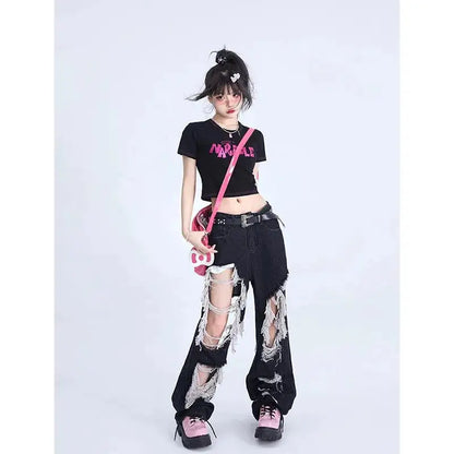 Women's Gothic Black Jeans High Waist Vintage Korean Fashion Y2k Streetwear Ripped Pants Harajuku Casual Wide Leg Denim Trousers