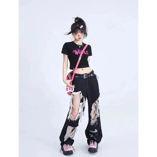 Women's Gothic Black Jeans High Waist Vintage Korean Fashion Y2k Streetwear Ripped Pants Harajuku Casual Wide Leg Denim Trousers