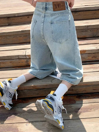 Female Summer American Vintage Baggy Denim Cropped Pants Woman High Waist Washed Wide Leg Jeans Light Blue Loose A Line Shorts