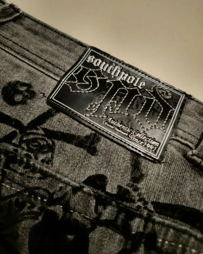 2023 New American Harajuku retro skull print straight high waist Y2K women's washed grey jeans Streetwear Gothic wide trousers