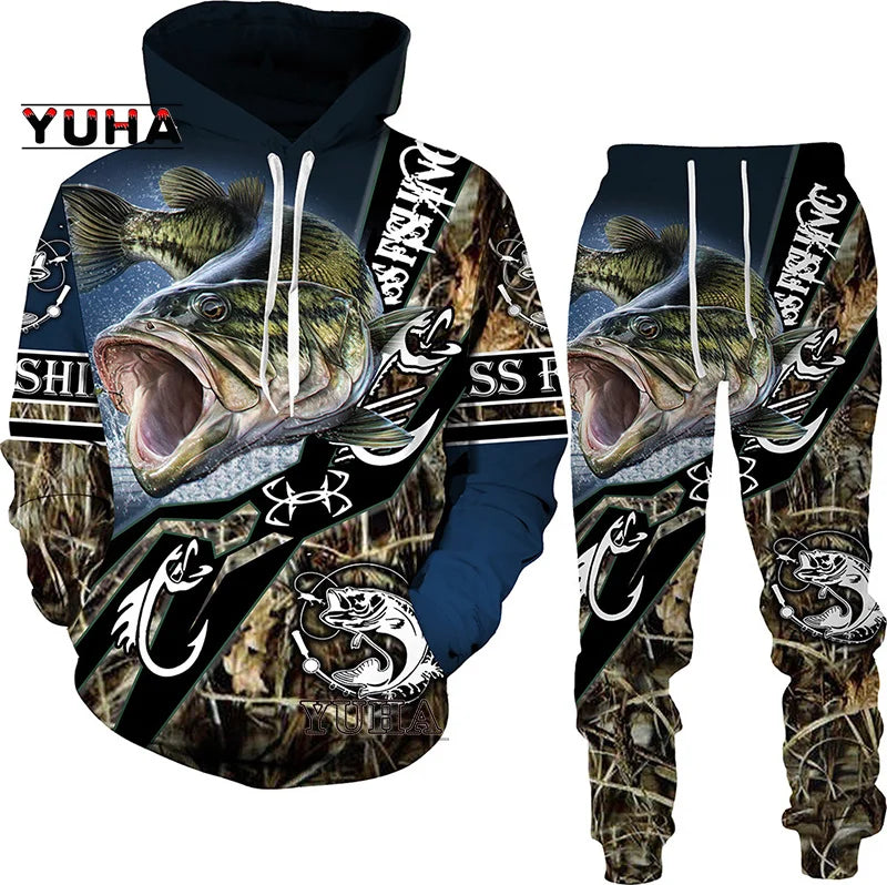 New 3D Fishing Art Print Casual Couple Hoodies Outfits Hip Hop Streetwear Hooded Sweatshirt+Sweat Pants Men's Tracksuit Set
