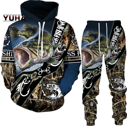 New 3D Fishing Art Print Casual Couple Hoodies Outfits Hip Hop Streetwear Hooded Sweatshirt+Sweat Pants Men's Tracksuit Set