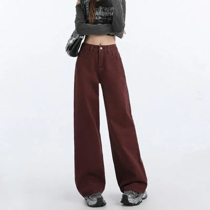 FINEWORDS Retro Angela Red Winter Jeans Women Thicken Cashmere High Waist Baggy Jeans Streetwear Casual Wide Leg Denim Pants