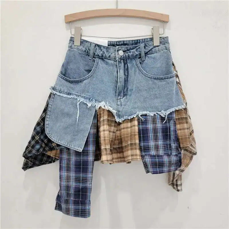 Patchwork Plaid Skirts Denim Short High Waist Wrapped