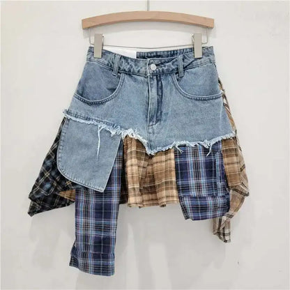 Patchwork Plaid Skirts Denim Short High Waist Wrapped