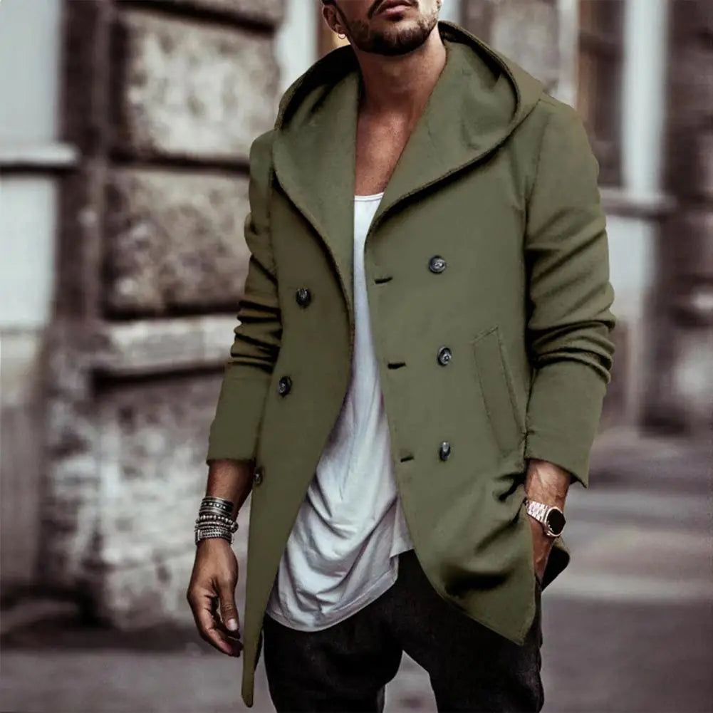 Men’s Double-Breasted Hooded Windbreaker Jacket