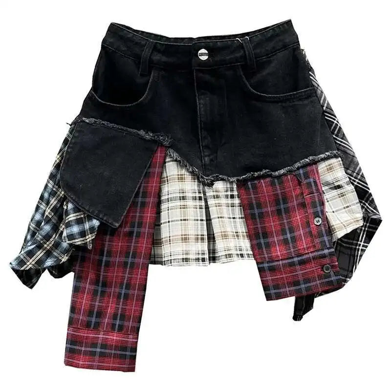 Patchwork Plaid Skirts Denim Short High Waist Wrapped