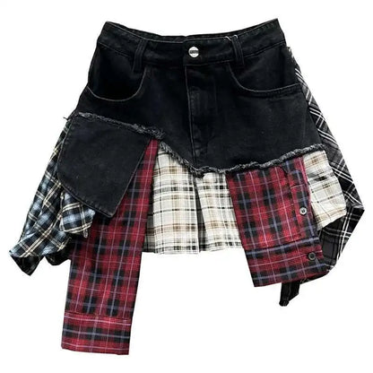 Patchwork Plaid Skirts Denim Short High Waist Wrapped