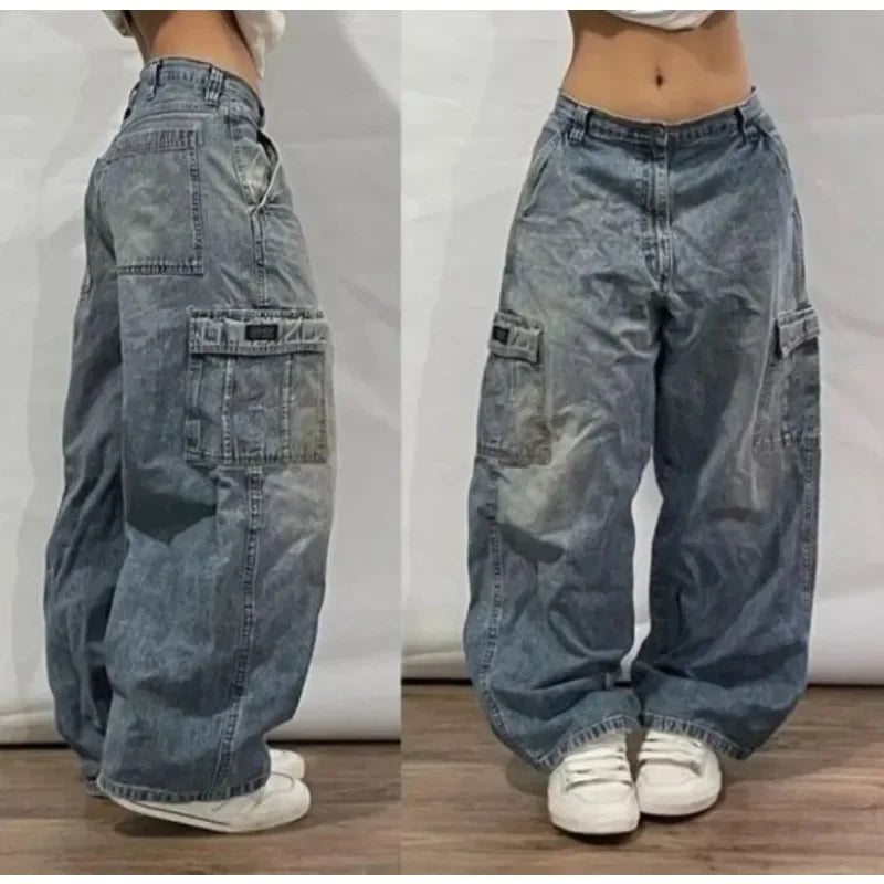 2023 New American Harajuku retro skull print straight high waist Y2K women's washed grey jeans Streetwear Gothic wide trousers