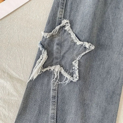 Denim Popular Ins Fashion Korean WIth Star Spring Autumn New High Waist Straight Leg Loose Fitting Jeans