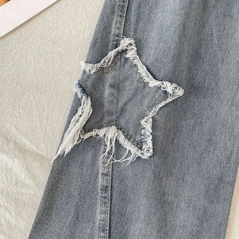 Denim Popular Ins Fashion Korean WIth Star Spring Autumn New High Waist Straight Leg Loose Fitting Jeans