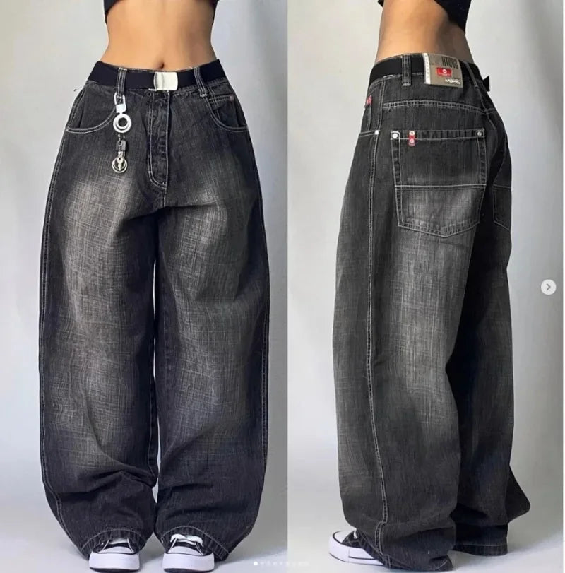 2023 New American Harajuku retro skull print straight high waist Y2K women's washed grey jeans Streetwear Gothic wide trousers