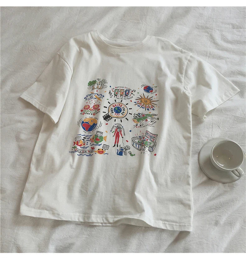 Loose Summer Cartoon Graphic Cotton Shirt