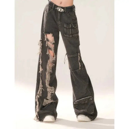 High Waist Ripped Women's Black Jeans Hip-hop Style Fashion Vintage Streetwear Y2K Wide Leg Jean 2024 Trouser Baggy Denim Pants
