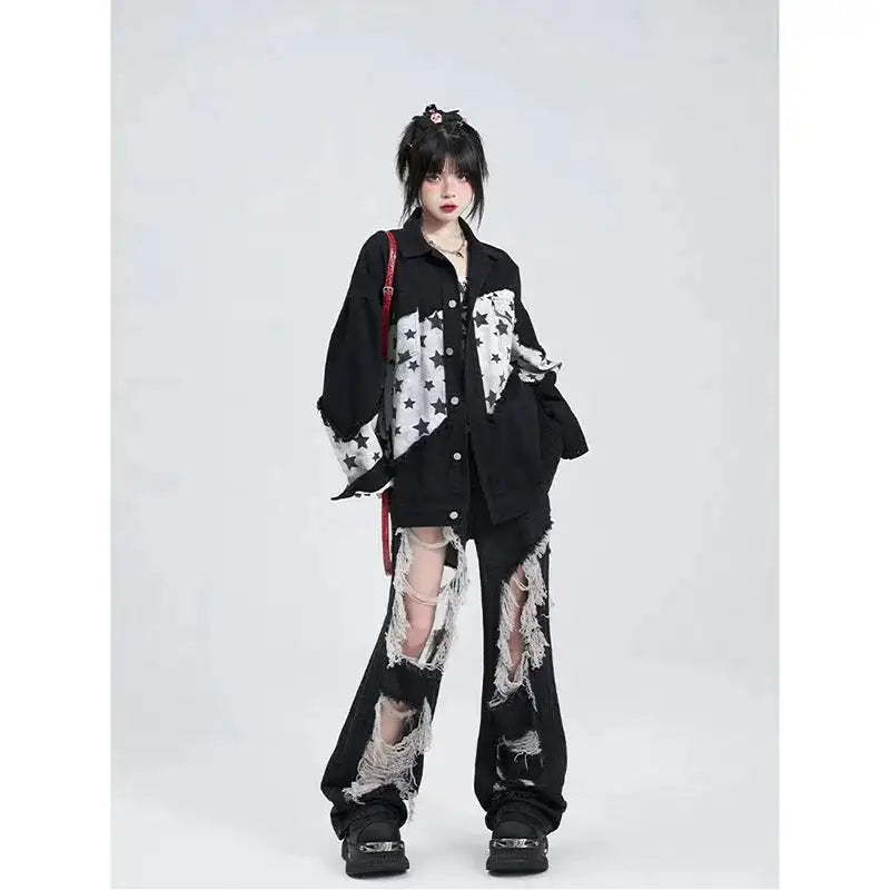 Women's Gothic Black Jeans High Waist Vintage Korean Fashion Y2k Streetwear Ripped Pants Harajuku Casual Wide Leg Denim Trousers