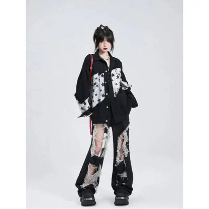Women's Gothic Black Jeans High Waist Vintage Korean Fashion Y2k Streetwear Ripped Pants Harajuku Casual Wide Leg Denim Trousers