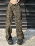 American Washed Leopard Print Wide Leg Jeans for Women Retro Street Distressed New Harajuku Style Hottie Baggy Y2K Casual Pants
