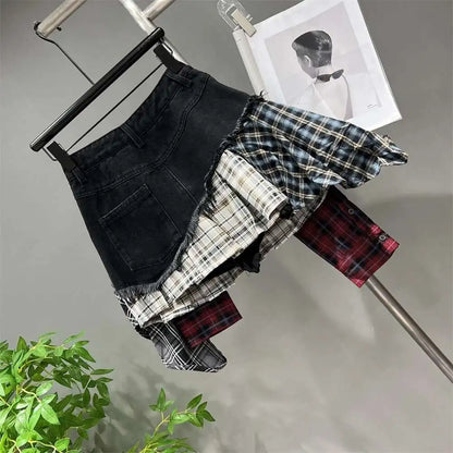 Patchwork Plaid Skirts Denim Short High Waist Wrapped