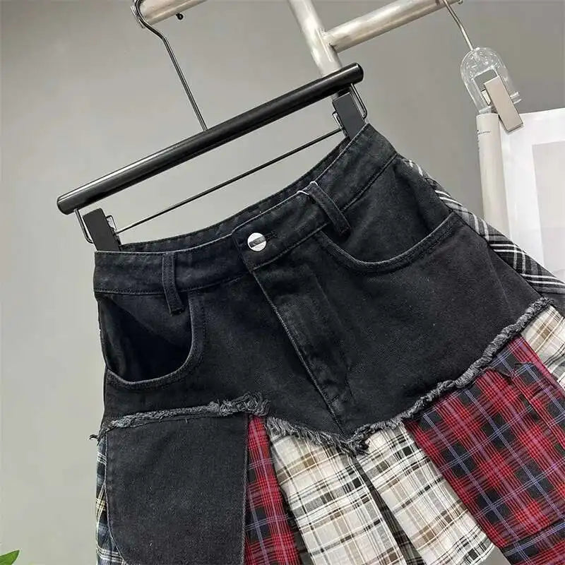 Patchwork Plaid Skirts Denim Short High Waist Wrapped