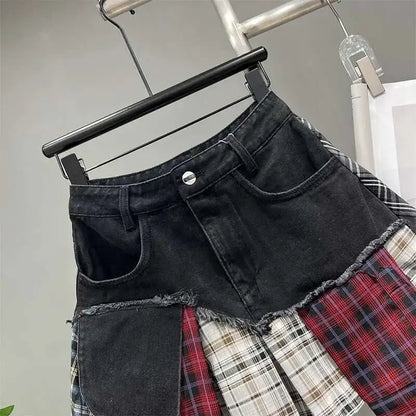 Patchwork Plaid Skirts Denim Short High Waist Wrapped
