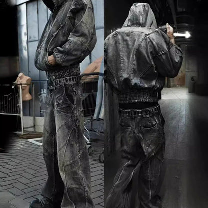 PFNW Spliced Design Washed Denim Jeans Men's Streetwear Fashion Straight Leg Denim Pants Hip Hop Trendy Trousers Spring 28W4634