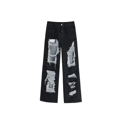 Women's Gothic Black Jeans High Waist Vintage Korean Fashion Y2k Streetwear Ripped Pants Harajuku Casual Wide Leg Denim Trousers